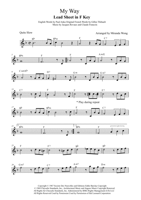 Free Sheet Music My Way Lead Sheet In F Key Saxophone Solo