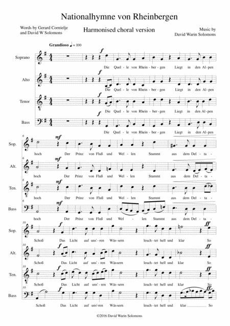 Nationalhymne Von Rheinbergen National Anthem Of Rheinbergen For Harmonised Choir A Cappella Sheet Music