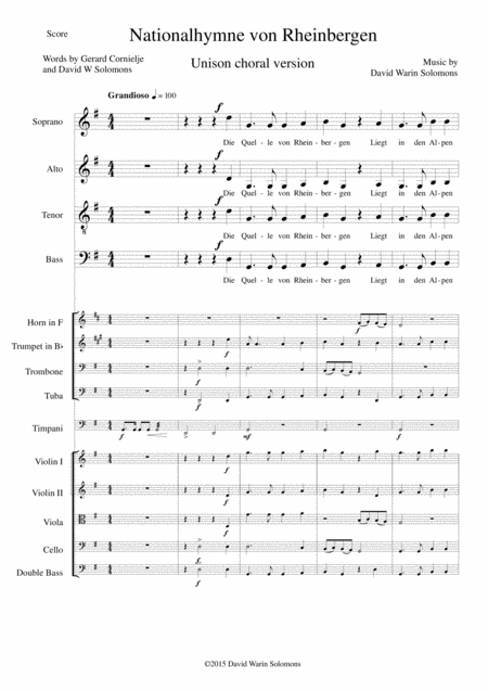 Nationalhymne Von Rheinbergen National Anthem Of Rheinbergen For Unison Choir And Orchestra Score And Parts Sheet Music