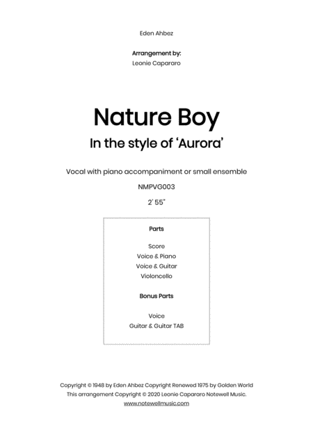 Free Sheet Music Nature Boy In The Style Of Aurora