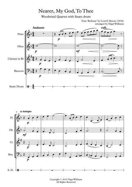 Free Sheet Music Nearer My God To Thee For Wind Quartet With Snare Drum