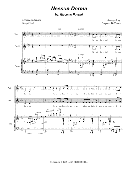 Nessun Dorma For 2 Part Choir Sheet Music