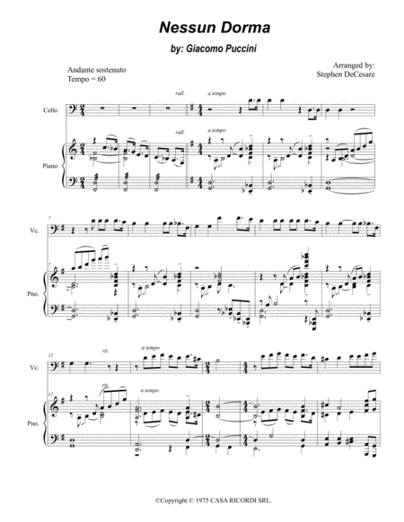 Nessun Dorma For Cello Solo And Piano Sheet Music