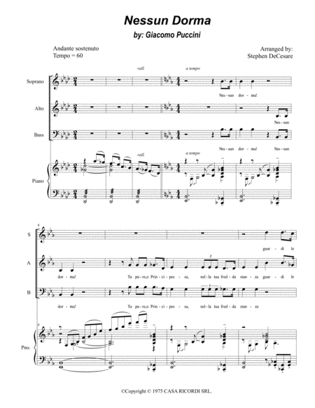 Free Sheet Music Nessun Dorma For Sab