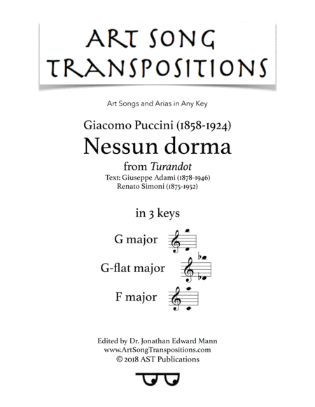 Nessun Dorma In 3 Keys G G Flat F Major Sheet Music