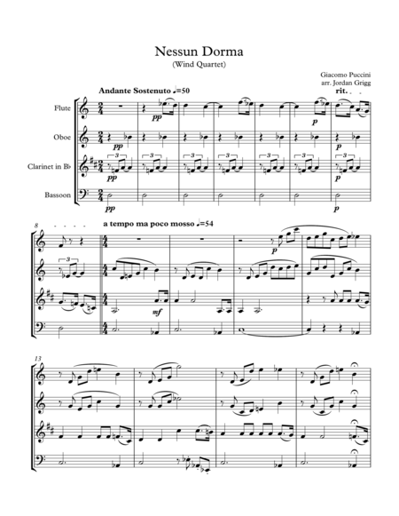 Nessun Dorma Wind Quartet Sheet Music