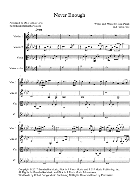 Never Enough From The Greatest Showman For String Quartet Sheet Music