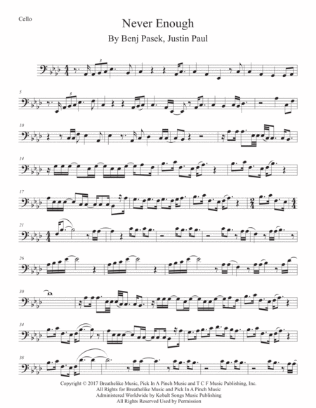 Never Enough Original Key Cello Sheet Music