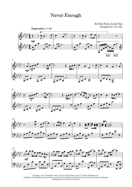 Free Sheet Music Never Enough Piano Solo 2 For The Price Of 1 2 Keys Are Included Original Key Ab Major And Easy Key C Major Nice Piano Cover