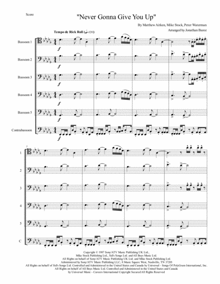 Never Gonna Give You Up Bassoon Ensemble Sheet Music