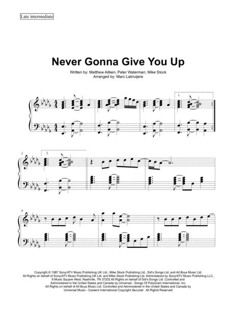 Never Gonna Give You Up Piano Solo Sheet Music