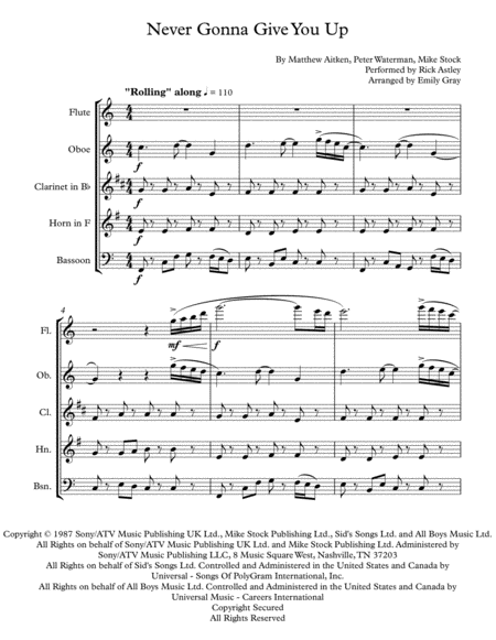 Never Gonna Give You Up Woodwind Quintet Sheet Music