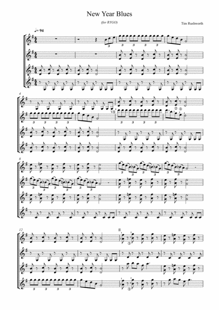 New Year Blues For Rygo Guitar Quartet Sheet Music