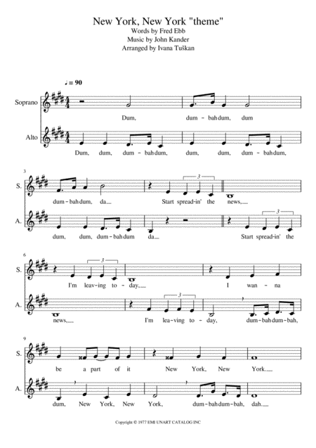 New York New York Theme For 2 Part Choir A Cappella Sheet Music