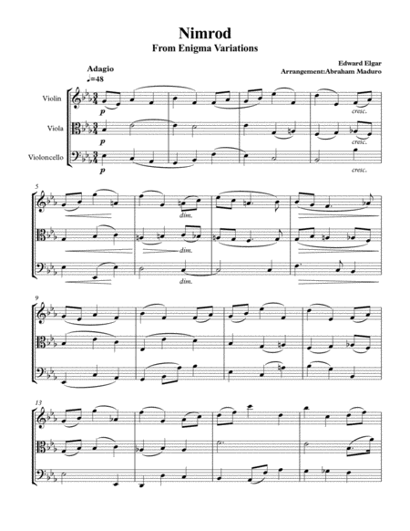 Free Sheet Music Nimrod From Enigma Variations Violin Viola Cello Trio