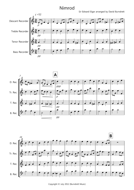 Nimrod From The Enigma Variations For Recorder Quartet Sheet Music