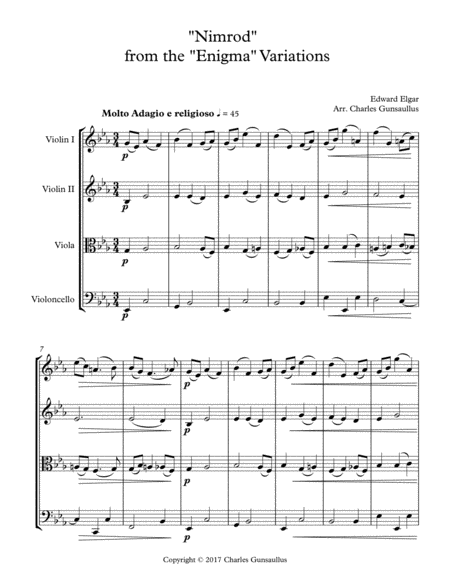 Nimrod From The Enigma Variations String Quartet Sheet Music