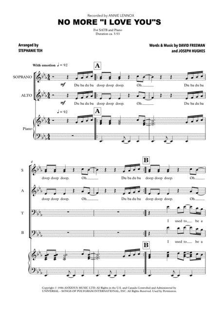 Free Sheet Music No More I Love Yous Annie Lennox Satb Choir Arr Stephanie Teh