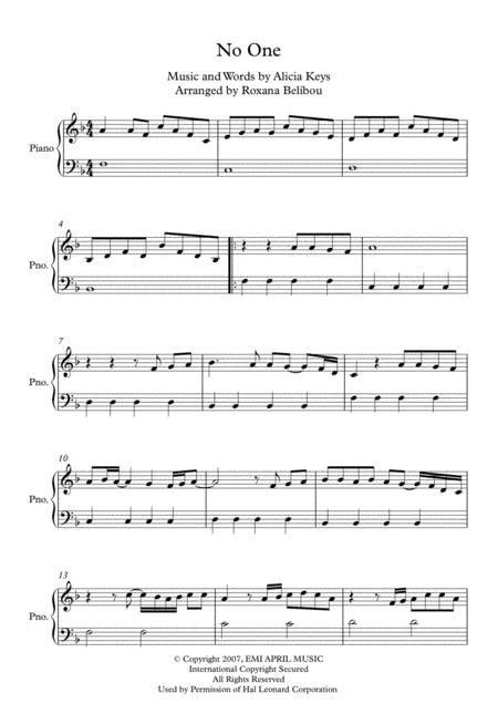 No One F Major By Alicia Keys Easy Piano Sheet Music