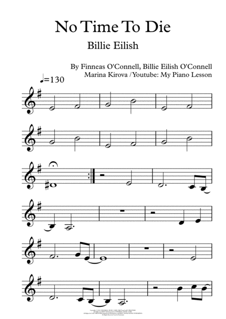 No Time To Die By Billie Eilish Very Easy Piano Right Hand Only In Easy To Read Format Sheet Music