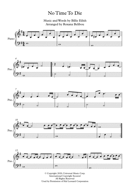 Free Sheet Music No Time To Die E Minor By Billie Eilish Easy Piano