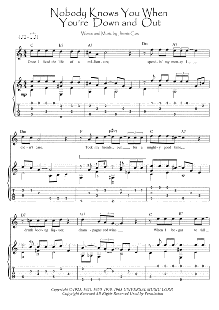 Nobody Knows You When You Re Down And Out Guitar Fingerstyle Sheet Music