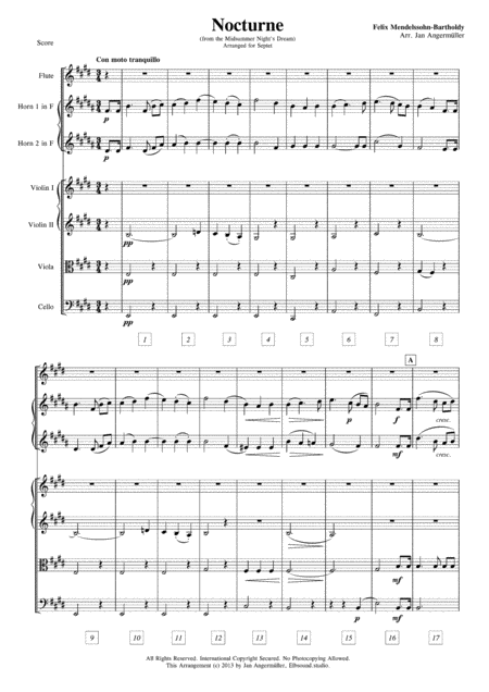 Nocturne For Septet From Midsummer Nights Dream Strqrt Fl 2hrns Sheet Music