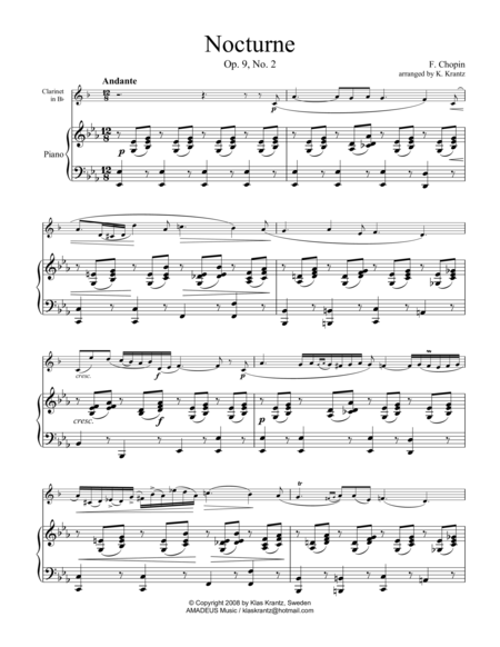 Free Sheet Music Nocturne Op 9 No 2 Abridged For Clarinet In Bb And Piano