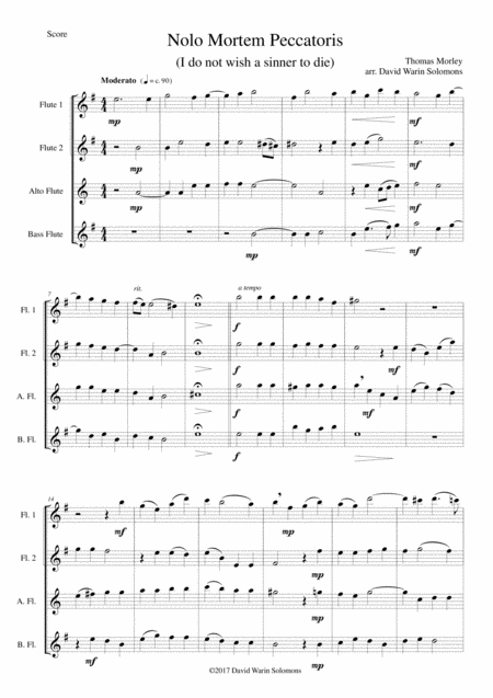 Nolo Mortem Peccatoris I Do Not Wish A Sinner To Die For Flute Quartet Sheet Music