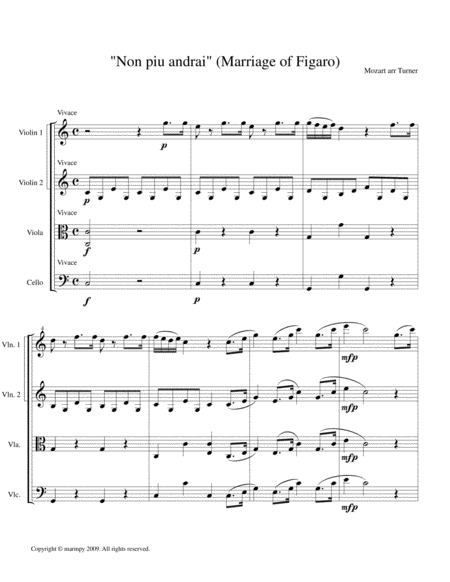 Non Piu Andrai From The Marriage Of Figaro Arranged For String Quartet Sheet Music