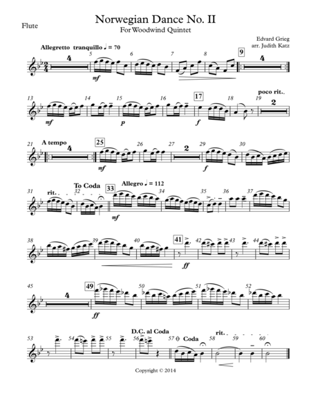 Norwegian Dance No Ii For Woodwind Quintet Part Sheet Music