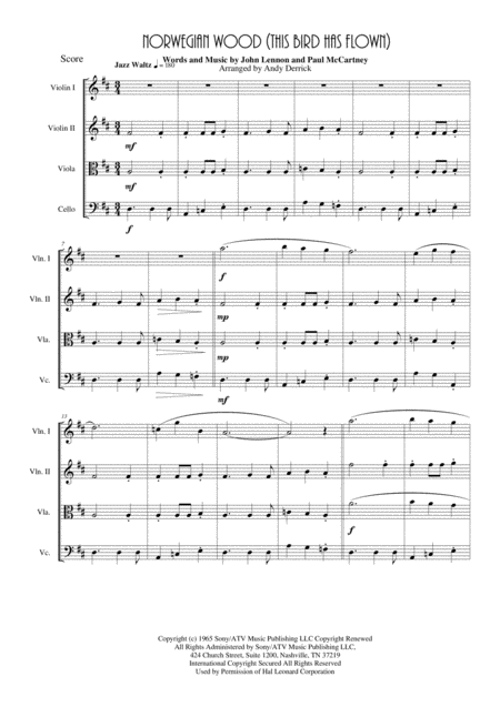 Free Sheet Music Norwegian Wood This Bird Has Flown For String Quartet