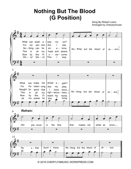 Nothing But The Blood Of Jesus Easy Piano G Position With Note Names Sheet Music