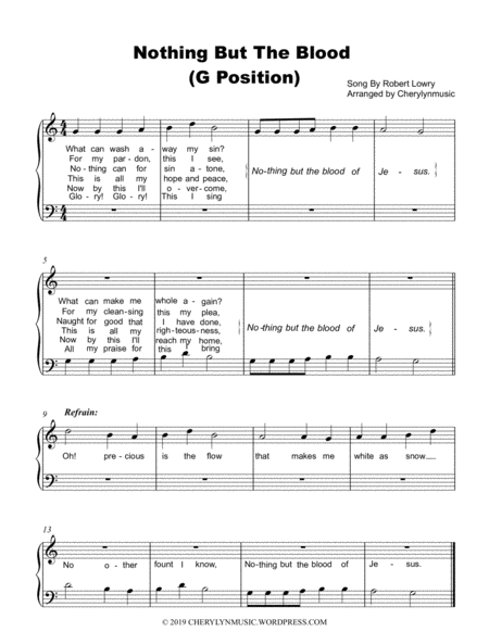 Nothing But The Blood Of Jesus Easy Piano G Position Sheet Music