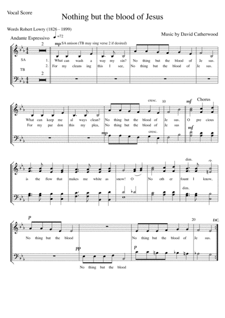 Free Sheet Music Nothing But The Blood Of Jesus Satb Music By David Catherwood