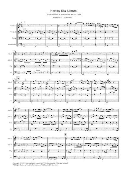 Free Sheet Music Nothing Else Matters Arranged For String Quartet Score And Parts With Mp3