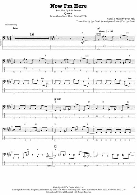 Now I M Here Queen John Deacon Complete And Accurate Bass Transcription Whit Tab Sheet Music