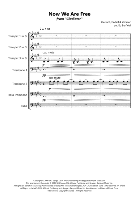 Now We Are Free From Gladiator For Brass Septet Sheet Music