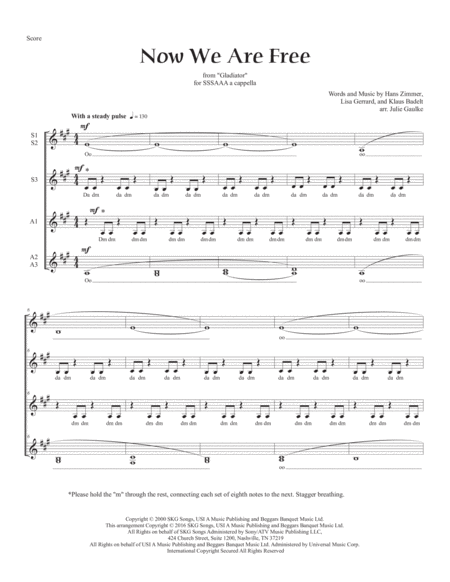 Free Sheet Music Now We Are Free From Gladiator For Sssaaa A Cappella