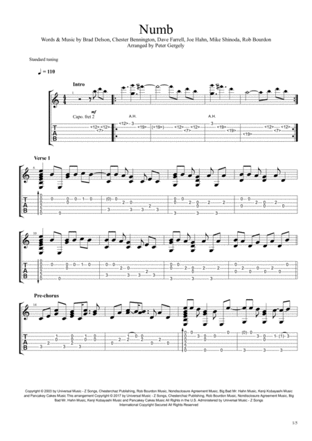 Numb Fingerstyle Guitar Sheet Music