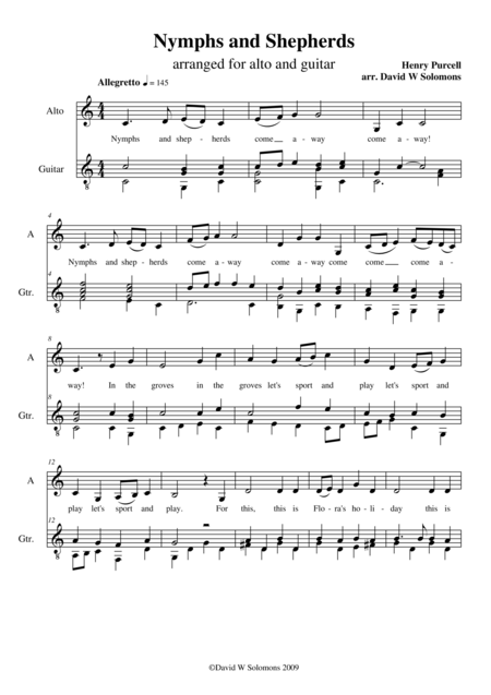 Nymphs And Shepherds For Alto And Guitar Sheet Music