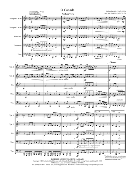 O Canada Brass Quintet Or Brass Quartet Sheet Music