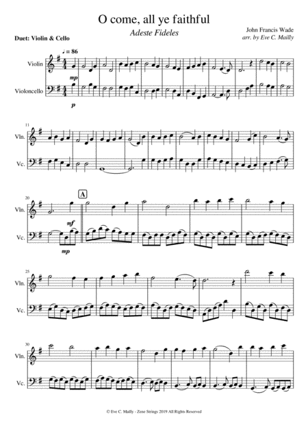 O Come All Ye Faithful Adeste Fideles Duet For Violin Cello Sheet Music