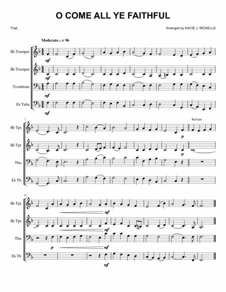 Free Sheet Music O Come All Ye Faithful Brass Quartet