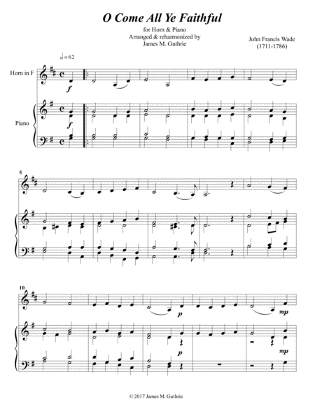 Free Sheet Music O Come All Ye Faithful For French Horn Piano