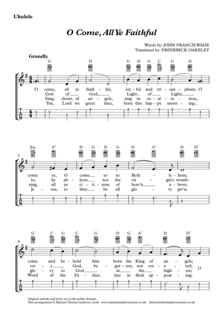 O Come All Ye Faithful For Ukulele With Tab Sheet Music