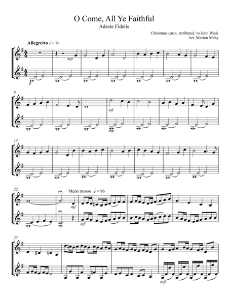 O Come All Ye Faithful Violin Duet Sheet Music