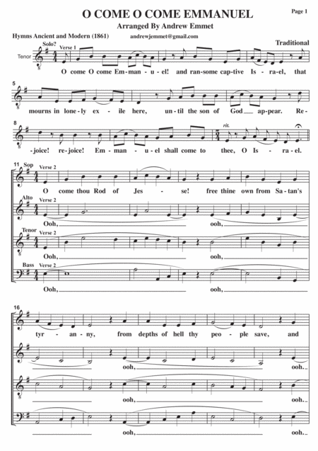 Free Sheet Music O Come O Come Emmanuel A Cappella