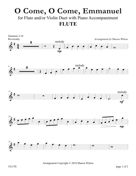 O Come O Come Emmanuel For Flute And Or Violin Duet With Piano Accompaniment Sheet Music