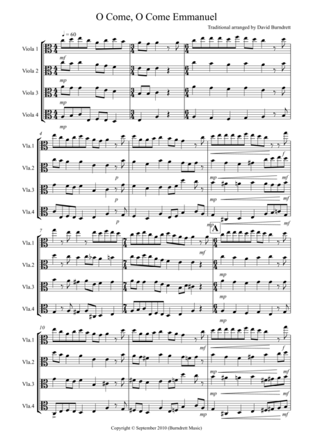 Free Sheet Music O Come O Come Emmanuel For Viola Quartet